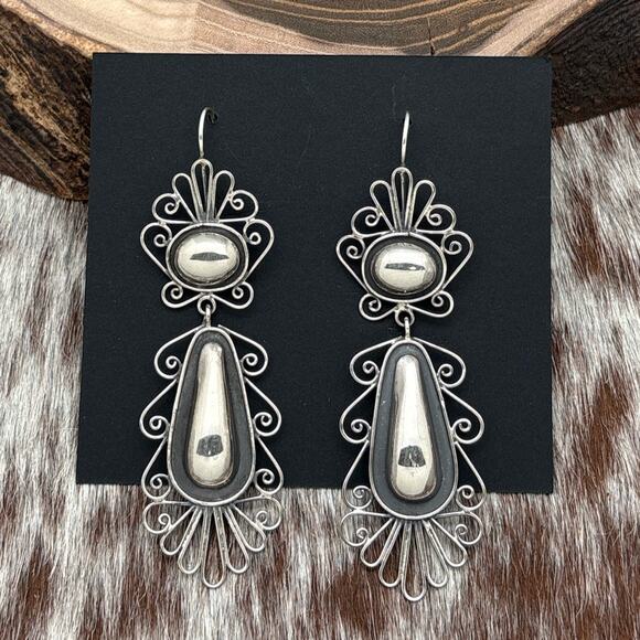 FEDERICO JIMENEZ Sterling Silver Statement Dangle Earrings Repousse & Scrolls - Picture 1 of 3